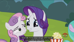 Size: 1366x768 | Tagged: safe, screencap, rarity, sweetie belle, pony, forever filly, g4, meme, nun, youtube caption
