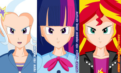 Size: 1700x1024 | Tagged: safe, artist:gonzalossj3, sunset shimmer, trixie, twilight sparkle, equestria girls, g4, akira toriyama, anime, clothes, counterparts, crossover, dragon ball, dragon ball z, human coloration, looking at you, magical trio, open mouth, style emulation, twilight's counterparts
