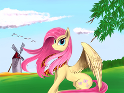 Size: 4000x3000 | Tagged: safe, artist:lth935, fluttershy, bird, pony, g4, clothes, cloud, female, scarf, smiling, smirk, solo, spread wings, tree branch, windmill, windswept mane, wings