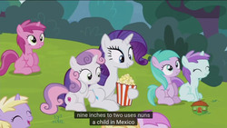 Size: 1366x768 | Tagged: safe, screencap, aura (g4), dinky hooves, liza doolots, noi, petunia, piña colada, rarity, ruby pinch, sweetie belle, tootsie flute, pony, forever filly, g4, meme, mexico, nun, youtube caption