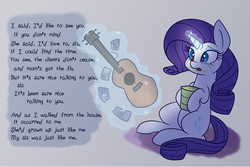 Size: 1280x853 | Tagged: safe, artist:heir-of-rick, rarity, pony, unicorn, forever filly, g4, cats in the cradle, crying, feels, female, food, guitar, guitarity, harry chapin, hilarious in hindsight, ice cream, implied sweetie belle, lyrics, magic, musical instrument, rock (music), sad, singing, sitting, solo, song reference, telekinesis, text