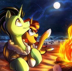 Size: 2507x2480 | Tagged: safe, artist:light262, oc, oc only, oc:machspeed (goldfur), pony, unicorn, fanfic:safe landings, ponies after people, beach, campfire, clothes, commission, female, fire, full moon, high res, looking up, male, mare, moon, night, oc x oc, shipping, silhouette, smiling, stallion, starry night, straight