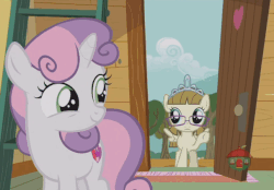 Size: 606x421 | Tagged: safe, edit, edited screencap, screencap, sweetie belle, zippoorwhill, pegasus, pony, unicorn, forever filly, g4, animated, everything is ruined, female, gif, reversed, sweetie belle's magic brings a great big smile