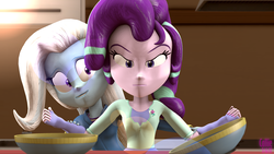 Size: 3840x2160 | Tagged: safe, artist:calliegreen, starlight glimmer, trixie, all bottled up, equestria girls, g4, 3d, bowl, clothes, duo, equestria girls interpretation, female, high res, hoodie, scene interpretation, source filmmaker, starlight glimmer is not amused, trixie's puppeteering, unamused