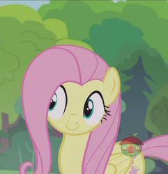 Size: 739x767 | Tagged: safe, screencap, fluttershy, pegasus, pony, fluttershy leans in, g4, my little pony: friendship is magic, c:, cropped, cute, female, forest, happy, mare, shyabetes, smiling, solo, treehouse logo, wings