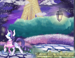 Size: 1024x791 | Tagged: safe, artist:animechristy, rarity, pony, unicorn, g4, bush, clothes, eiffel tower, eyes closed, female, france, lavender, mare, paris, scenery, smiling, solo, street, street lamp, sweater