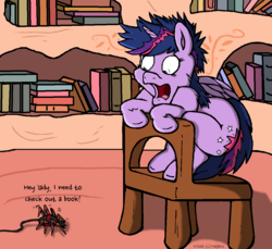 Size: 1092x1000 | Tagged: safe, artist:kilo60, twilight sparkle, alicorn, pony, spider, g4, arachnophobia, book, chair, open mouth, scared, screaming, twilight sparkle (alicorn), wide eyes