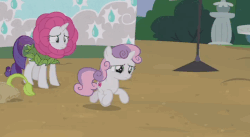 Size: 715x393 | Tagged: safe, screencap, rarity, sweetie belle, pony, forever filly, g4, animated, female, flower costume, flowerity, gif, running away, sad