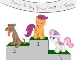 Size: 1200x950 | Tagged: safe, artist:mightyshockwave, ripley, scootaloo, sweetie belle, dog, irish terrier, pegasus, pony, unicorn, forever filly, g4, behaving like a dog, collar, dog show, eyes closed, female, filly, floppy ears, frown, glare, lidded eyes, open mouth, pony pet, scootapup, simple background, smiling, smug, tail wag, text, tongue out, unamused, wat, white background