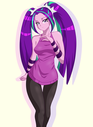 Size: 720x981 | Tagged: safe, artist:thebrokencog, aria blaze, equestria girls, g4, my little pony equestria girls: rainbow rocks, breasts, clothes, cute, female, looking at you, pants, pigtails, simple background, solo, white background