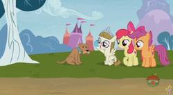Size: 844x462 | Tagged: safe, screencap, apple bloom, ripley, scootaloo, zippoorwhill, dog, pony, forever filly, g4, ball