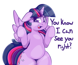 Size: 2835x2369 | Tagged: safe, artist:graphene, twilight sparkle, alicorn, pony, against glass, bipedal, chubby, dialogue, dreamworks face, female, fourth wall, glass, looking at you, mare, plump, simple background, solo, thick, thighlight sparkle, thunder thighs, transparent background, twilight sparkle (alicorn)