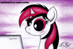 Size: 1024x679 | Tagged: safe, artist:thechrispony, oc, oc only, oc:blackjack, pony, unicorn, fallout equestria, fallout equestria: project horizons, big eyes, blushing, computer, female, internet, mare, solo, traditional art