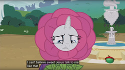 Size: 960x540 | Tagged: safe, screencap, rarity, pony, forever filly, g4, female, flower costume, flowerity, meme, solo, youtube caption
