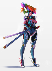 Size: 2196x3000 | Tagged: safe, artist:oughta, rainbow dash, human, g4, armor, breasts, female, high res, humanized, simple background, solo, sword, weapon, white background