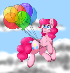 Size: 2300x2400 | Tagged: safe, artist:blackmagicdapony, pinkie pie, earth pony, pony, g4, balloon, cloud, colored pupils, female, floating, high res, solo, then watch her balloons lift her up to the sky