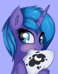 Size: 675x867 | Tagged: safe, artist:twiren, princess luna, alicorn, pony, g4, blushing, cute, female, looking back, lunabetes, mare, pillow, s1 luna, solo