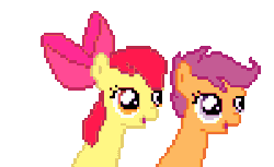 Size: 500x305 | Tagged: safe, artist:tox-box, apple bloom, scootaloo, earth pony, pony, g4, animated, female, gif, headbob, perfect loop, pixel art, simple background, transparent background