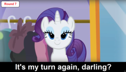 Size: 1600x918 | Tagged: safe, rarity, pony, unicorn, comic:celestia's servant interview, g4, bedroom eyes, caption, cs captions, female, interview, looking at you, mare, solo