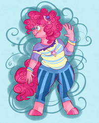 Size: 1024x1272 | Tagged: safe, artist:soft-arthropod, pinkie pie, earth pony, anthro, unguligrade anthro, g4, blushing, chubby, clothes, cute, diapinkes, female, mare, pants, shirt, simple background, smiling, solo