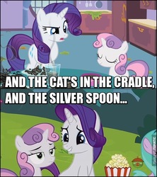 Size: 604x679 | Tagged: safe, edit, edited screencap, screencap, rarity, sweetie belle, pony, forever filly, g4, sisterhooves social, cats in the cradle, comparison, harry chapin, image macro, meme, song reference
