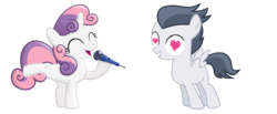 Size: 1722x708 | Tagged: safe, artist:jawsandgumballfan24, edit, rumble, sweetie belle, pony, g4, colt, eyes closed, female, filly, heart, heart eyes, male, microphone, ship:rumbelle, shipping, simple background, singing, smiling, straight, transparent background, vector, wingding eyes