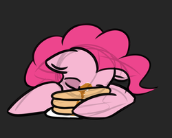 Size: 1129x906 | Tagged: safe, artist:neuro, pinkie pie, earth pony, pony, g4, eyes closed, female, floppy ears, food, gray background, mare, pancakes, simple background, sleeping, solo