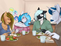 Size: 4000x3000 | Tagged: safe, artist:askbubblelee, oc, oc only, oc:bubble lee, oc:imago, oc:kiwi breeze, oc:mako, oc:silver lining, cat, earth pony, hybrid, orca pony, original species, pegasus, unicorn, anthro, anthro oc, awkward smile, body freckles, clothes, dinner, embarrassed, family, father and daughter, female, food, freckles, kiwing, makolee, male, mare, mother and daughter, oc x oc, shipping, smiling, stallion, story in the source, story included, table