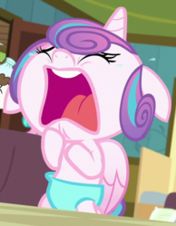 Size: 424x545 | Tagged: safe, screencap, princess flurry heart, alicorn, pony, a flurry of emotions, g4, baby, baby alicorn, baby flurry heart, baby pony, betrayed, cropped, crying, crying baby, crying infant, diaper, female, infant, light pink diaper, sobbing, solo, teary eyes