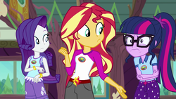 Size: 1280x720 | Tagged: safe, screencap, rarity, sci-twi, sunset shimmer, twilight sparkle, equestria girls, g4, my little pony equestria girls: legend of everfree, bracelet, camp everfree outfits, clothes, crossed arms, glasses, jewelry, shorts, sun
