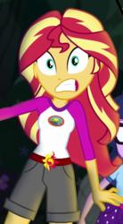 Size: 355x642 | Tagged: safe, screencap, sci-twi, sunset shimmer, twilight sparkle, equestria girls, g4, my little pony equestria girls: legend of everfree, camp everfree outfits, clothes, cropped, faic, glasses, shorts, sun