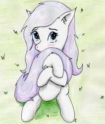 Size: 1919x2268 | Tagged: safe, artist:40kponyguy, derpibooru exclusive, oc, oc only, oc:lucky duck, earth pony, pony, blushing, cute, hug, looking at you, ocbetes, requested art, shy, solo, tail hug, traditional art