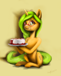 Size: 1200x1500 | Tagged: dead source, safe, artist:makkah, oc, oc only, oc:honey nevaeh, pony, unicorn, cake, female, food, glasses, looking at you, mare, request, requested art, simple background, sitting, smiling, solo