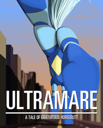 Size: 2550x3150 | Tagged: safe, artist:styroponyworks, edit, oc, oc only, oc:ultramare, earth pony, pony, belly button, butt, city, female, from below, giant pony, high res, landing, leaping, macro, mare, midriff, movie poster, plot, road, solo, text