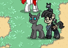 Size: 234x166 | Tagged: safe, oc, oc only, oc:the stalker, pony, robot, robot pony, pony town, duo, grass, purse, screenshots
