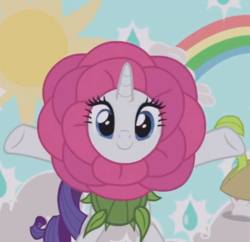 Size: 738x715 | Tagged: safe, screencap, rarity, sweetie belle, pony, unicorn, forever filly, g4, cute, female, flower, flower costume, flowerity, looking at you, mare, offscreen character, rainbow, raribetes, seedie belle, smiling, sun