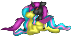 Size: 500x254 | Tagged: safe, artist:skittylover2012, oc, oc only, oc:black dove, oc:mae art, pegasus, pony, unicorn, couple, cuddling, curved horn, cute, digital, digital art, horn, love, simple background, transparent background