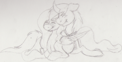 Size: 500x254 | Tagged: safe, artist:skittylover2012, oc, oc only, oc:black dove, oc:mae art, pony, couple, cuddling, cute, love, monochrome, sketch, traditional art