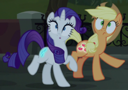 Size: 724x513 | Tagged: safe, screencap, applejack, rarity, pony, g4, made in manehattan, :o, applejack's damaged hat, booty call, frown, glowing cutie mark, open mouth, raised hoof, raised leg, wide eyes