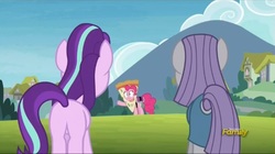 Size: 1039x582 | Tagged: safe, screencap, maud pie, pinkie pie, starlight glimmer, earth pony, pony, g4, rock solid friendship, butt, female, mare, pizza head, plot, tail hole