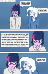 Size: 850x1300 | Tagged: safe, artist:deltalima, sci-twi, trixie, twilight sparkle, equestria girls, g4, alternate hairstyle, clothes, dialogue, embarrassed, glasses, language, shit eating grin, smiling