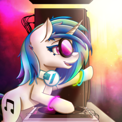 Size: 1700x1700 | Tagged: safe, artist:midnightsix3, dj pon-3, vinyl scratch, pony, g4, female, headphones, open mouth, solo, speaker, sunglasses, turntable, wires