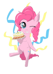 Size: 2894x4093 | Tagged: safe, artist:yinglung, pinkie pie, earth pony, pony, g4, birthday, birthday cake, cake, female, food, grin, high res, one eye closed, simple background, smiling, solo, standing, standing on one leg, streamers, transparent background