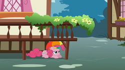 Size: 1365x768 | Tagged: safe, screencap, pinkie pie, earth pony, pony, feeling pinkie keen, g4, bored, female, flower, hat, mare, raised platform, solo, umbrella hat