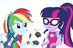Size: 6000x4000 | Tagged: safe, artist:spottedlions, rainbow dash, sci-twi, twilight sparkle, equestria girls, g4, absurd resolution, bowtie, bracelet, clothes, commission, duo, football, glasses, jewelry, ponytail, simple background, skirt, smiling, white background, wristband
