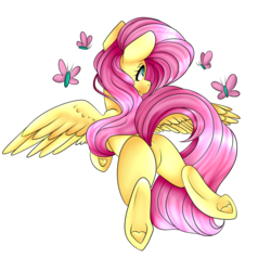Size: 1024x1024 | Tagged: safe, artist:beashay, fluttershy, butterfly, pegasus, pony, g4, butt, cute, featureless crotch, female, flutterbutt, flying, mare, plot, shyabetes, simple background, solo, transparent background, underhoof