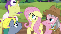 Size: 1920x1080 | Tagged: safe, screencap, dandy grandeur, fluttershy, hard hat (g4), wrangler, earth pony, pegasus, pony, unicorn, fluttershy leans in, g4, clothes, discovery family logo, female, group, hard hat, hat, male, mare, quartet, stallion