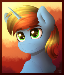 Size: 2000x2350 | Tagged: safe, artist:spirit-dude, oc, oc only, oc:little jester, pony, unicorn, bust, gift art, green eyes, high res, male, portrait, signature, smiling, solo, stallion