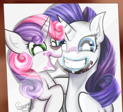 Size: 2580x2340 | Tagged: safe, artist:shamy-crist, rarity, sweetie belle, pony, forever filly, g4, high res, messy, photo, sisters, smiling