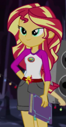Size: 235x449 | Tagged: safe, screencap, flash sentry, sunset shimmer, equestria girls, g4, legend of everfree, book, camp everfree outfits, cropped, crystal gala, female, legend you were meant to be, lidded eyes, lights, smiling, solo, sun